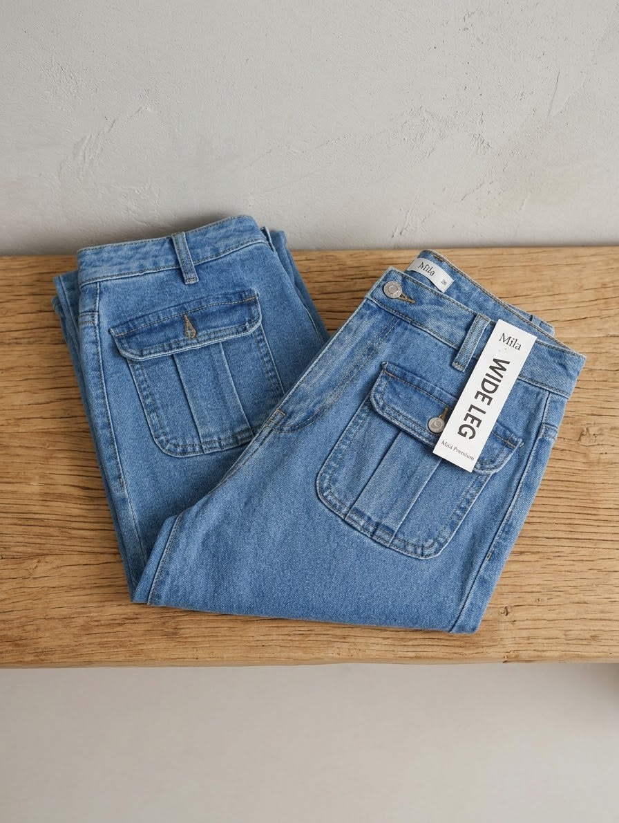 Pantalón Wide Leg Denim con Bolsillos Frontales – Talla 36