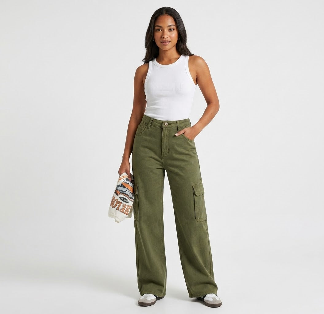 Pantalón Cargo Verde Olivo de Tiro Alto y Corte Ancho (Wide Leg