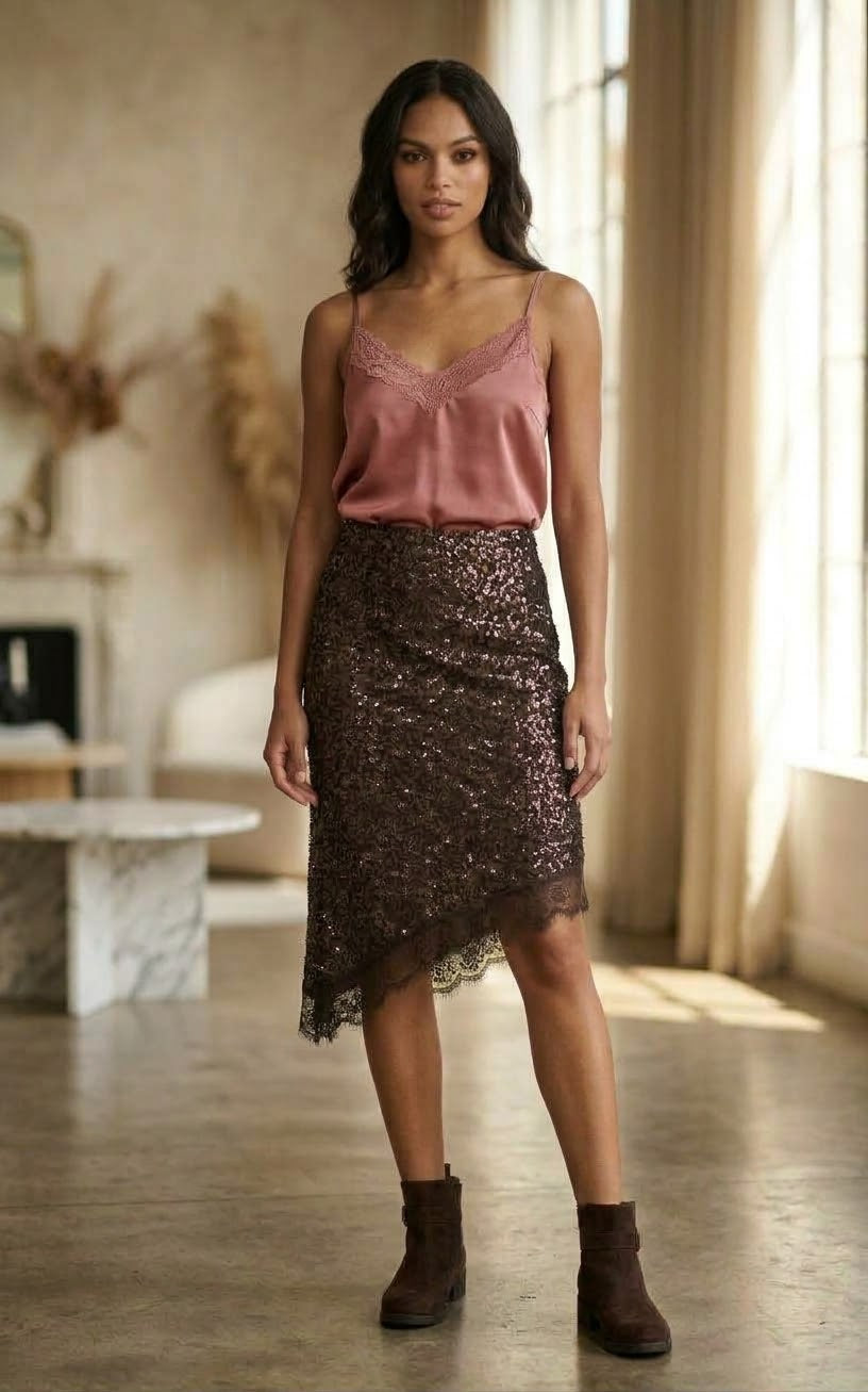 Set Dos Piezas: Falda Lentejuelas Marrón + Top Lencero Satinado talla única