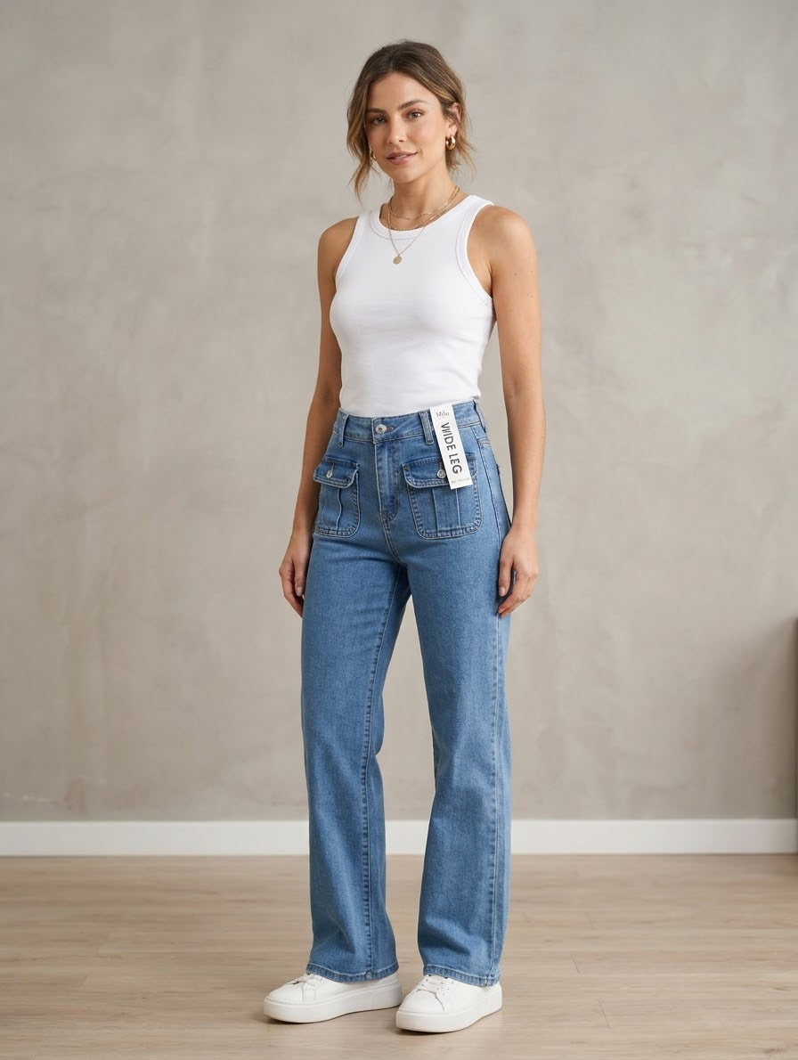 Pantalón Wide Leg Denim con Bolsillos Frontales – Talla 36