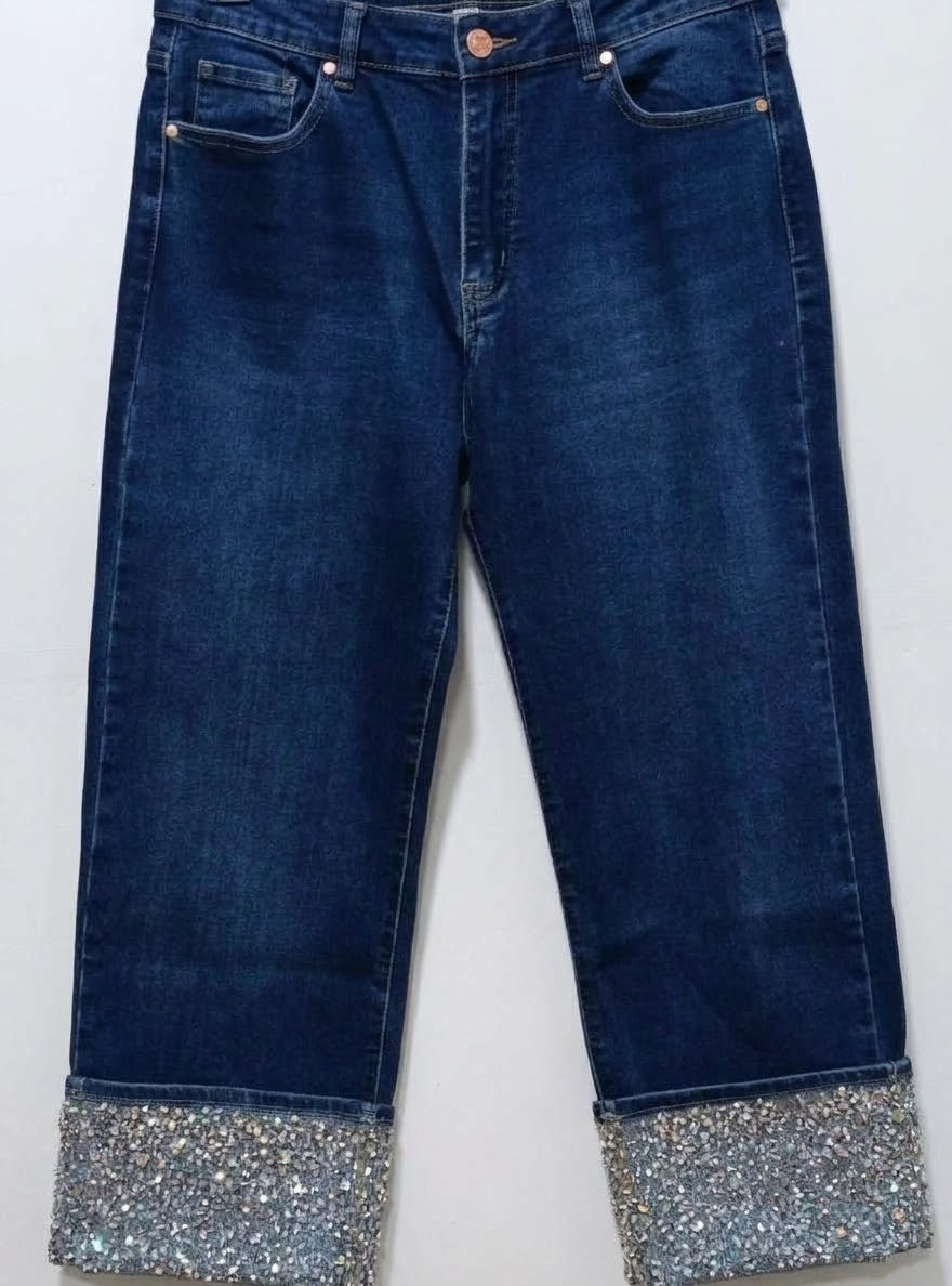 Jeans Rectos Tiro Alto con Bajo de Pedrería y Brillos – Azul Noche