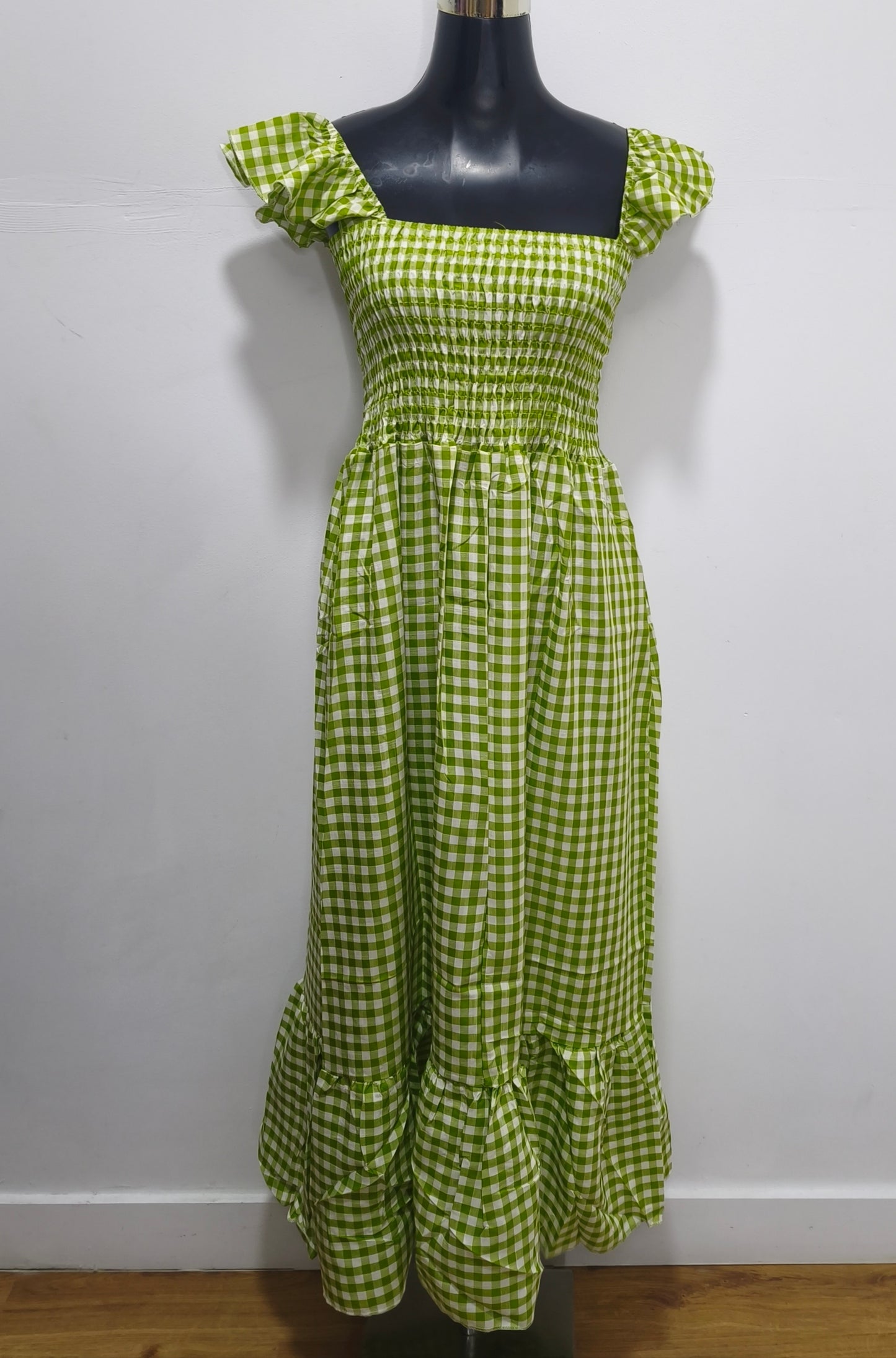Vestido Midi Vichy con Escote Cuadrado y Volantes