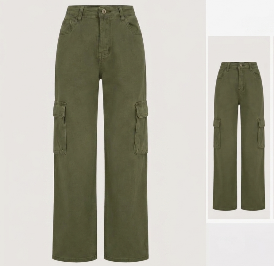 Pantalón Cargo Verde Olivo de Tiro Alto y Corte Ancho (Wide Leg