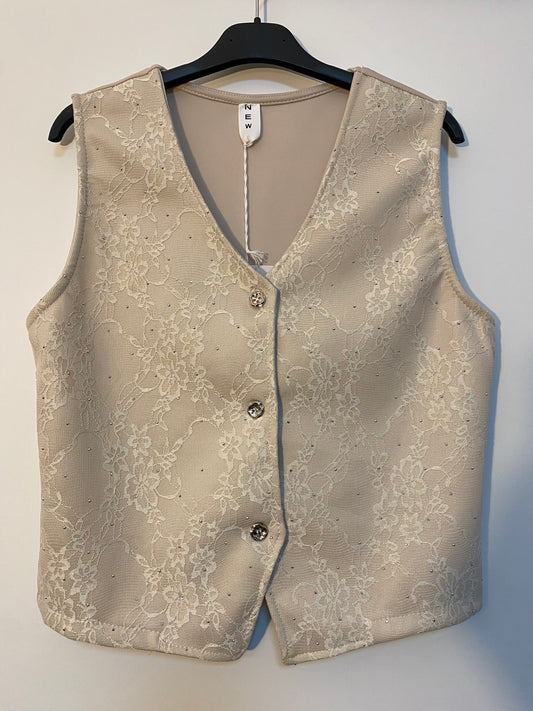 Chaleco beige con encaje y botones joya